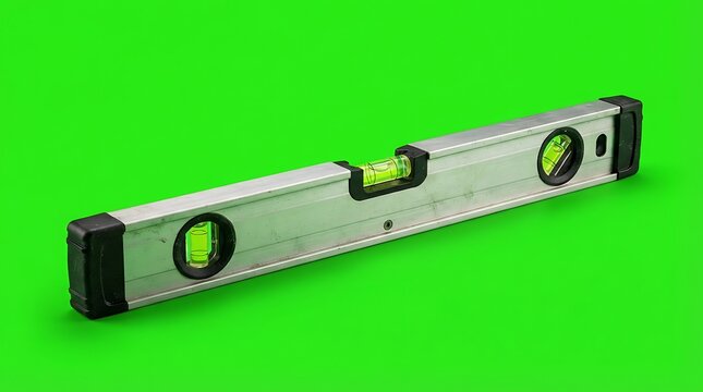 A silver spirit level tool positioned horizontally on a vibrant green background