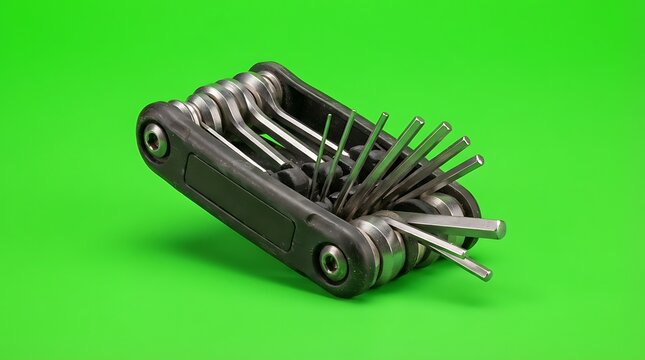 A black multi-tool set with various metal attachments on a green background