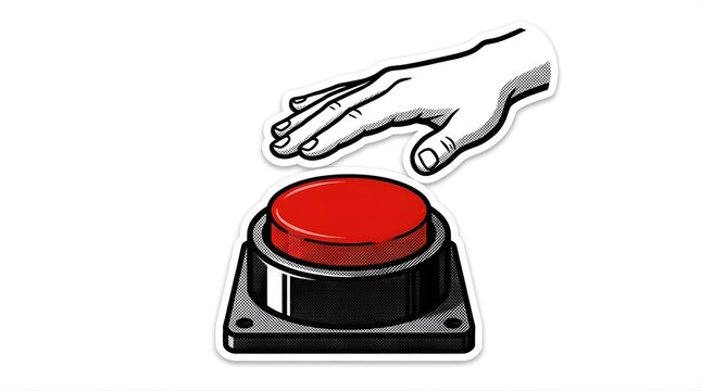 Hand reaching to press a large red panic button on a white background