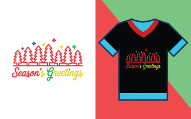 Season's greetings holiday with colorful pine trees and stars on a black t-shirt and white background © Danial.Mehedi