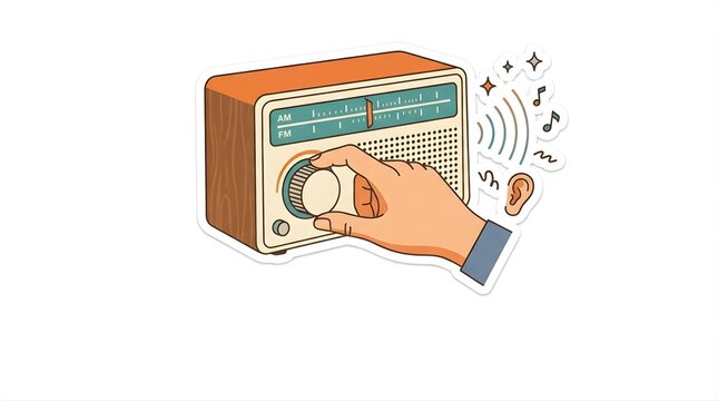 Hand tuning a vintage wooden radio receiver for music and audio broadcast