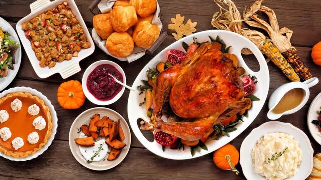 Thanksgiving turkey dinner. Top down view table scene on a rustic wood background. Slow rotating zoom motion. Turkey, mashed potatoes, stuffing, pumpkin pie and sides.