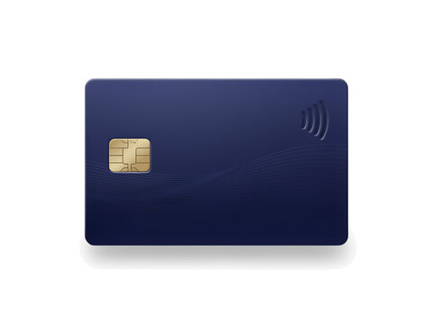 Blue plastic credit card with golden EMV chip and contactless payment symbol isolated on transparent background for electronic transactions.