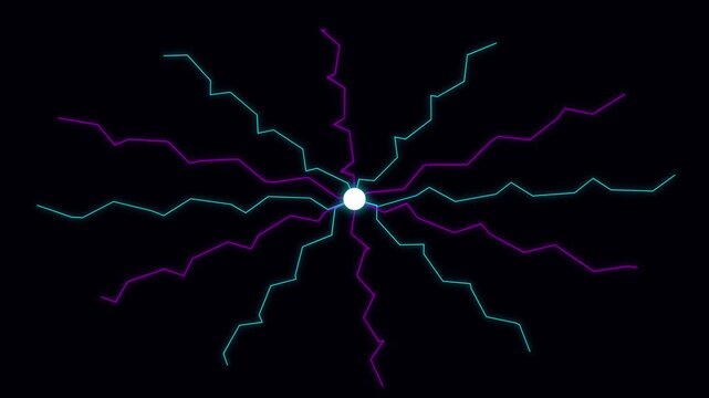 Abstract neon lightning bolts radiating from center, glowing electric energy pulses on black, retro synthwave lightning animation