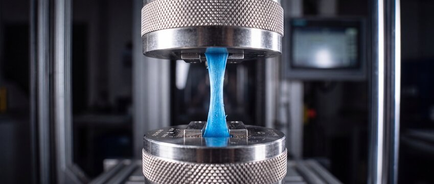 Blue elastic material being stretched to its breaking point in a material science laboratory testing machine for tensile strength and durability analysis