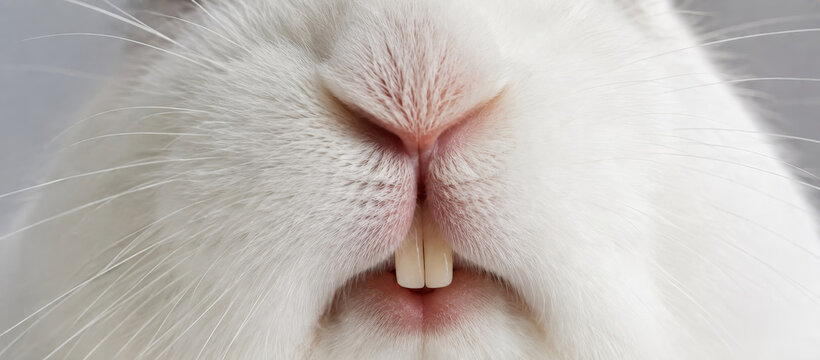 Close-up of white rabbit nose and teeth. Cute fluffy bunny muzzle macro photo. Adorable pet animal portrait. Easter symbol and spring holiday concept for greeting card and banner design.