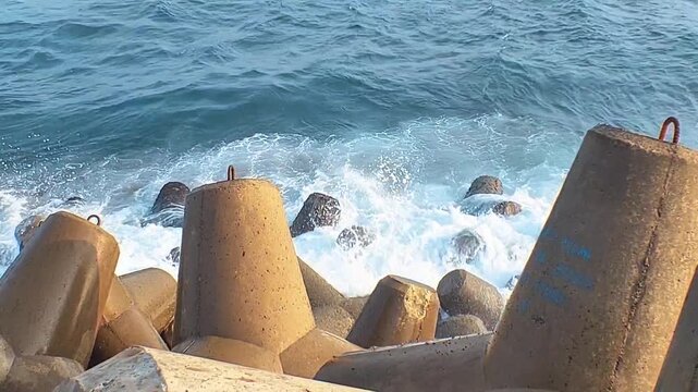 A breakwater made of an arrangement of concrete tetrapods at the shoreline.