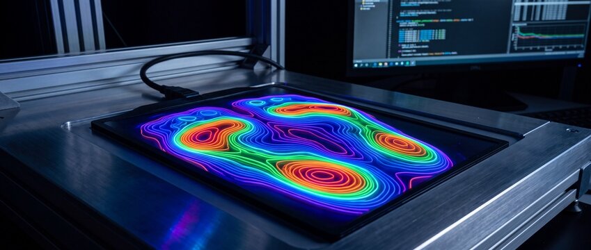 Foot pressure analysis using colorful thermal imaging contours and scientific data visualization for biomechanics and sports performance research