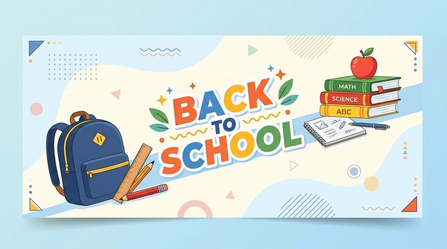 Back to school banner design with a blue backpack stack of books and stationery supplies illustration