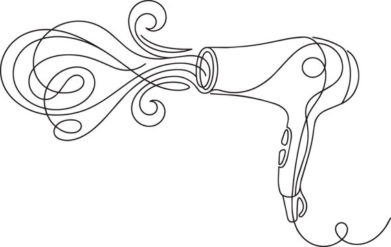 Single continuous line of a hair dryer with stylized flowing air currents isolated on a white background, for beauty salon