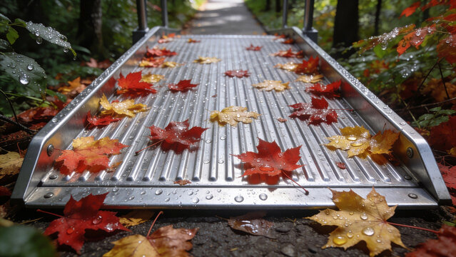 Bus wheelchair ramp extended ribbed surface covered in wet fallen maple leaves outdoors after rain.