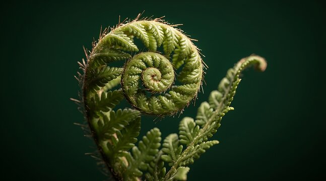 Close-up of a young green fern frond unfurling in a spiral shape against a dark background.
