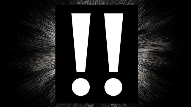White double exclamation mark symbol on black background with rays. Attention, warning and alert concept. Punctuation sign for danger announcement and emergency notification design