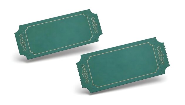 Two teal tickets with ornate borders floating on white background for entry.