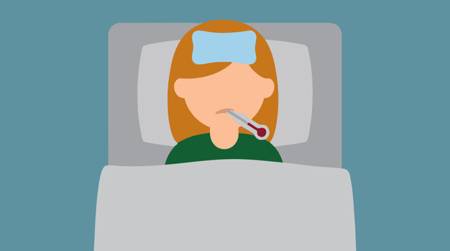 Illustration of a sick person in bed with a thermometer and cold compress