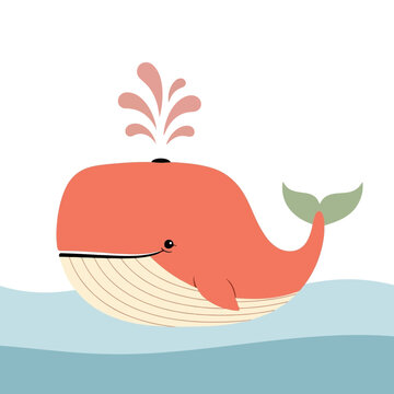 Cute cartoon whale swimming and spouting water in the ocean  