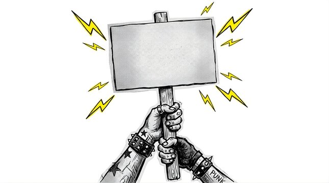 Punk hands holding a blank protest sign with lightning bolts background