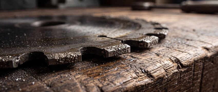 Diamond grit circular saw blade edge lying on rustic weathered wooden workbench for precision carpentry construction material cutting