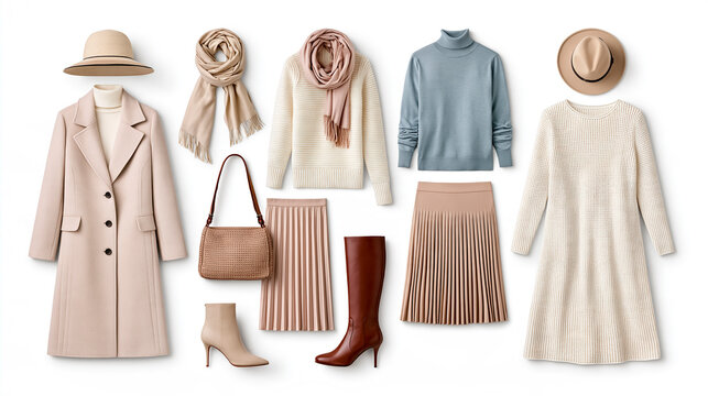 Stylish women's autumn clothes coat, boots, scarf, sweater on white background