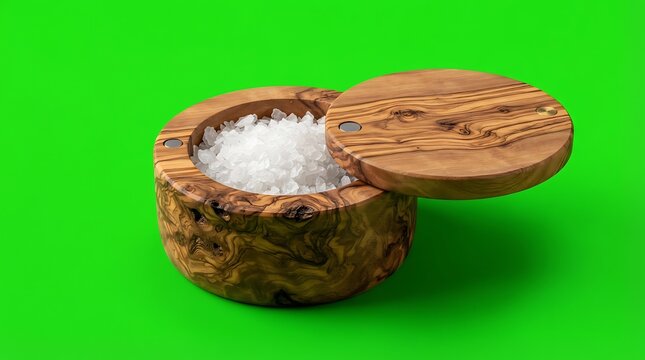 A rustic olive wood salt cellar filled with coarse sea salt on green background