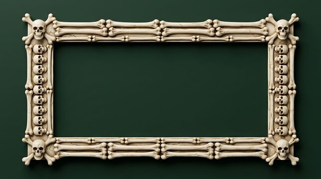Decorative rectangular photo frame made of human skulls and bones for halloween celebration on a dark background