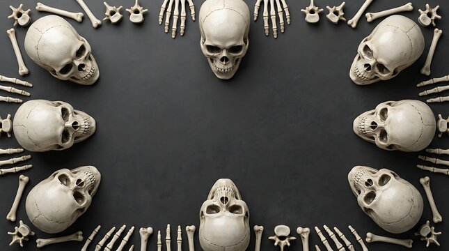 Human skulls and bones arranged in a frame pattern on a dark background for halloween or medical horror design background