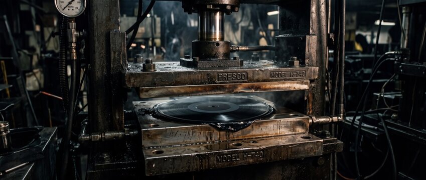 Industrial vinyl pressing machine model h740 using heavy mechanical metal plates creating black music record disc with rising steam vapor