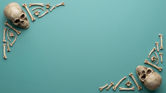 Human skulls and various bones arranged as a frame on a solid teal blue background