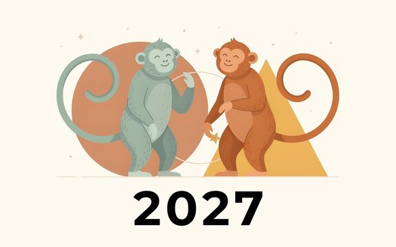 2027 Chinese New Year Concept with Two Monkeys Vector Illustration