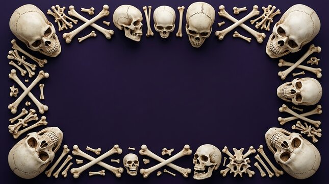 Frame border made of human skulls and bones on a dark black background for halloween spooky holiday design