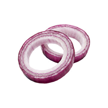 Two fresh slices of red onion isolated on a white background for culinary and food photography projects