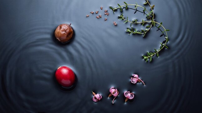 Conceptual flat lay of a red cranberry, dried berry, pink flowers, and green leaves floating on dark rippled water, forming a semicolon symbol for mental health awareness.
