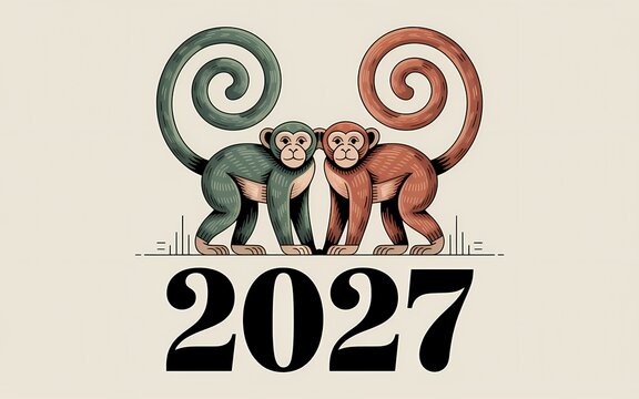 2027 Chinese New Year Concept with Two Monkeys Vector Illustration