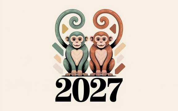 2027 Chinese New Year Concept with Two Monkeys Vector Illustration