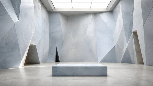 Podium Background Photos... Empty modern room with geometric walls and a display pedestal in the center Ai Generated