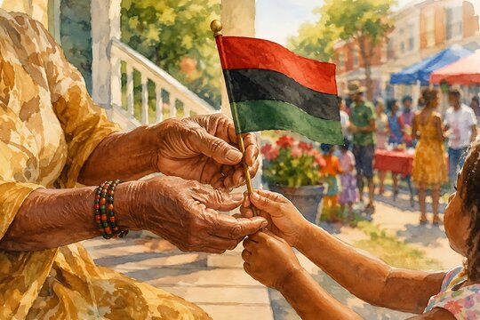 Grandmother passing flag to grandchild, Juneteenth watercolor illustration