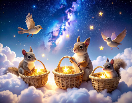 星　動物　Cute squirrels in wicker basket among clouds under starry night sky

