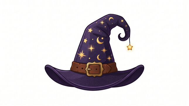 Dark purple witch hat with golden stars and moon vector