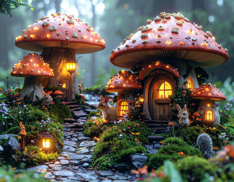 キノコ　森　Fantasy mushroom house village in enchanted forest with glowing windows and stone path