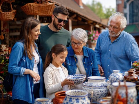 Mehrgenerationenfamilie entdeckt handbemalte Keramik auf einem traditionellen Markt in Polen. Das authentische Reiseerlebnis verbindet Kunsthandwerk, Kultur und Einkauf.