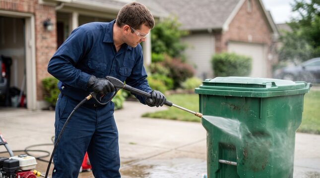 Man Pressure Washing Green Garbage Can in Blue Cleaning Uniform, Residential Home Maintenance Service