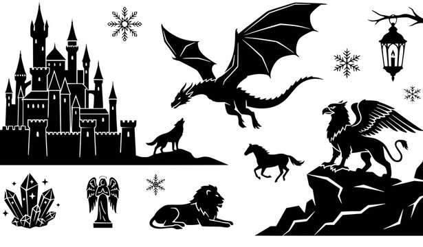 Enchanted Fantasy Kingdom With Mythical Creatures Black Silhouette Vector
