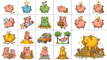 Fototapeta premium Cute Cartoon Piggy Bank Character Sticker Pack with Funny Pigs Saving Coins Flying Rocket Driving Car and Sitting on Massive Gold Mountain Assets