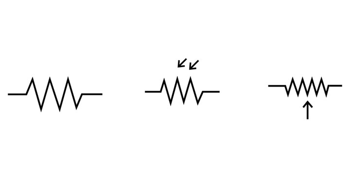 Electronic resistor symbols set, schematic circuit components vector, photoresistor and potentiometer icons for engineering