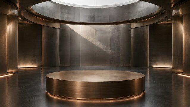 Podium Background Photos... Modern dark product display podium with metallic copper and black lighting Ai Generated