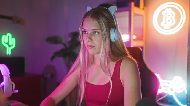 Woman wearing headset sits in gaming chair and flips middle finger toward camera in studio; defiance streaming community.