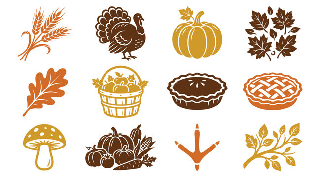 A collection of seasonal thanksgiving icon illustrations featuring traditional autumn elements like turkey pumpkin pie leaves and harvest bounty for celebration