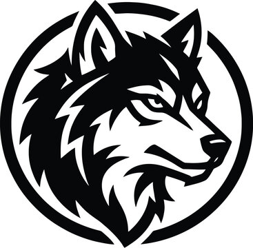 Wolf head mascot logo vector, minimalist black and white canine profile, fierce animal emblem for sports and gaming branding