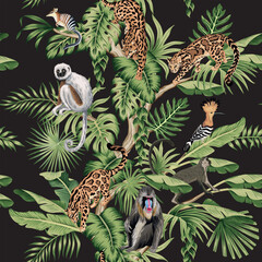 Fototapeta premium Monkey, lemur, sloth, cat animal, bird, tropical green palm leaves, tree floral seamless pattern. Exotic jungle wallpaper. 