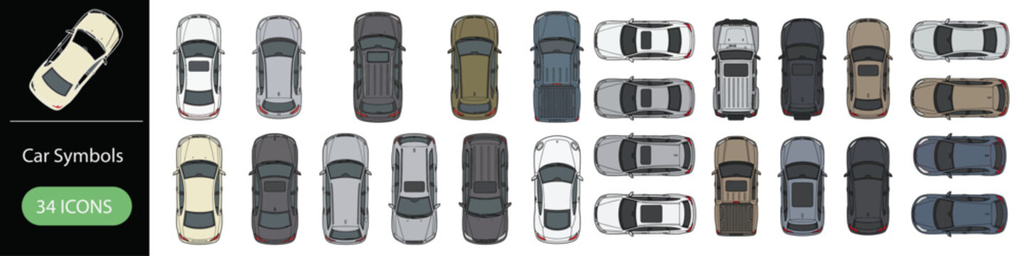 Flat Vector Top View Car Symbols with Color Fills for Architectural Site Plans, Parking Layouts, Traffic Diagrams, and Urban Design | Sedans, SUVs, Trucks